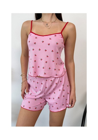 Giysa Kadın Askılı Kiraz Desenli Şortlu Pijama Takımı Pembe - 3300