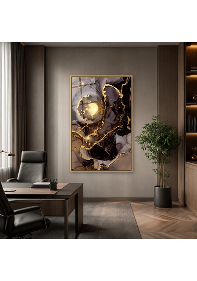 Siyah Füme Altın Halkalar Gold Çerçeveli Cam Tablo