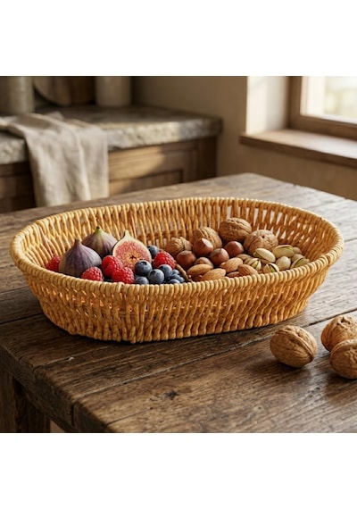 El Yapımı Doğal Hasır Sepet - Oval Ekmeklik Ve Çok Amaçlı Düzenleyici 25,50x18x6 Cm Çok Renkli