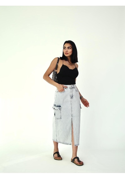 Zeo Basic Kargo Cep Detaylı Yırtmaçlı Maxi Denim Etek Mavi