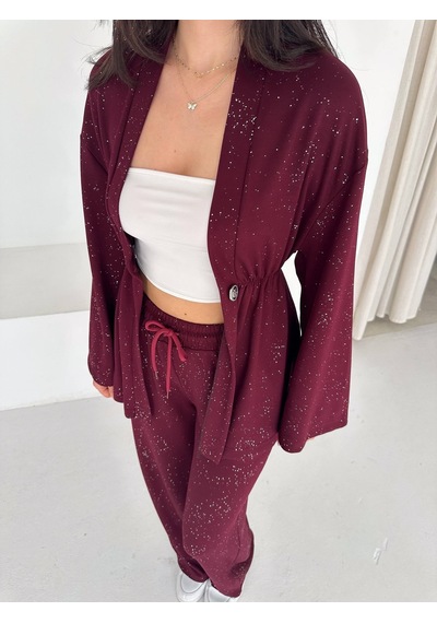 Kadın Simli Uzun Kol Modal Kumaş Kimono Pantolon İkili Takım Şık Ve Rahat Kadın Takım Bordo Kadın Simli Uzun Kol Modal Kumaş Kimono Pantolon İkili Takım Şık Ve Rahat Kadın Takım Bordo