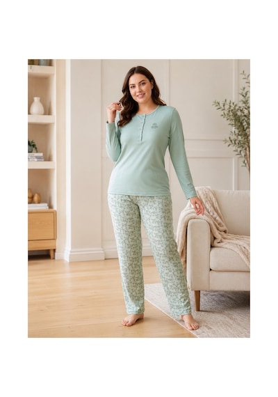 Flz Kadın Kışlık Viskon Pijama Takımı M L Xl Xxl Uzun Kollu Boydan Düğmeli Şık Ev Giyimı B89-100 Mint