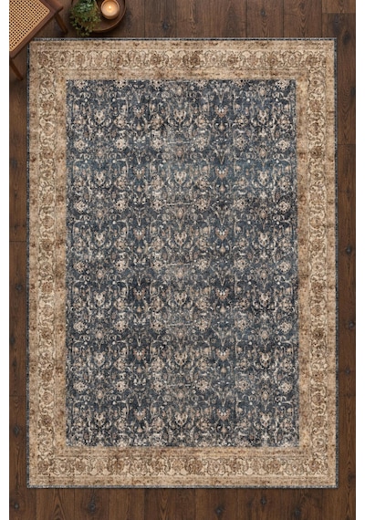 Artloop İstanbul Lacivert Bej Oryantal Vintage Desenli Dokuma Tabanlı Şönil Halı Al 638 Lacivert - Bej