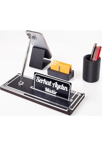 Vera Kalemlikli Gümüş Ahşap Masa İsimliği Seti Çizgi Desenli Hediye Ofis Dekoratif Masa Üstü İsimlik Genel