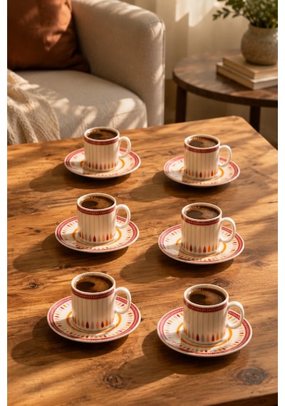 Porsima 0643 12 Parça Porselen Türk Kahve Fincan Takımı - Kahve Fincan Seti - 90ml Çok Renkli