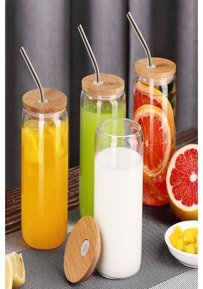 12'li Bambu Kapaklı Pipetli Cam Bardak Isıya Dayanıklı Borosilikat Kola Şekilli Kahve Sunum Bardağı