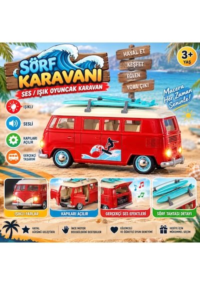 S01005718 Sörf Karavanı Ses/ışık Oyuncak Karavan Kırmızı