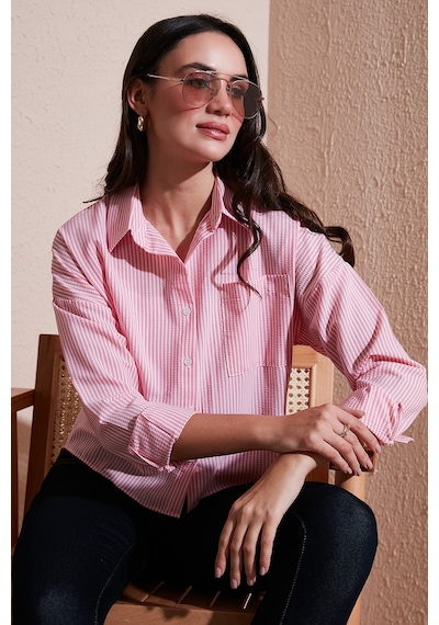 Lela Regular Fit Çizgili Göğüs Cepli Dokulu Bayan Gömlek 6772870 Şeker Pembe