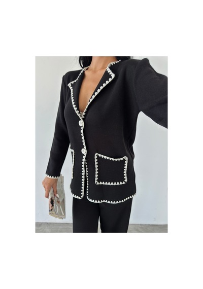 İkrafashion Çoban Dikişli Cepli Premium Triko Takım Siyah Siyah