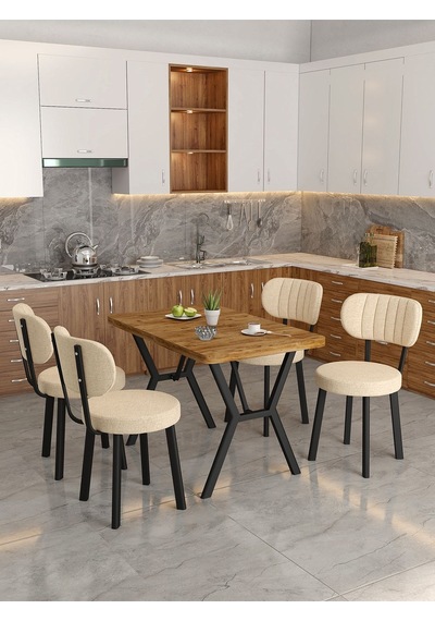 Azra 70x110cm Atlantik Mutfak Masası, Mutfak Masası Takımı, Yemek Masası, 4 Krem Sandalye Krem