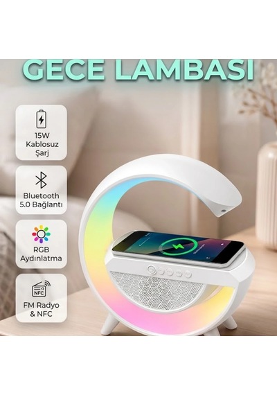Bluetooth 5.0 Hoparlörlü Gece Lambası Kablosuz Şarj, Nfc, Fm Radyo Ve Rgb Işık