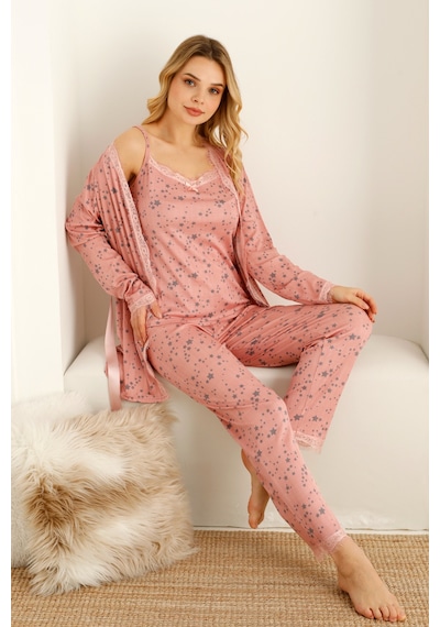 Nisanca Sabahlıklı Dantel Detaylı Pegasus Kadın Pijama Takımı-çeyizlik Takım- Geniş Beden Aralığı Pembe