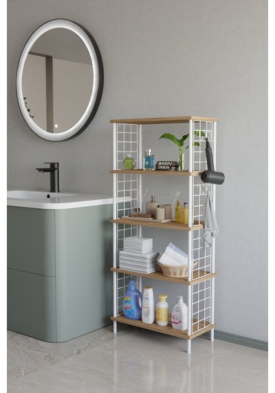 5 Katlı Çevir Kur Beyaz Metal Telli Banyo Rafı Çok Amaçlı Düzenleyici, Organizer Stand Banyo Dolabı Atlantik Çam