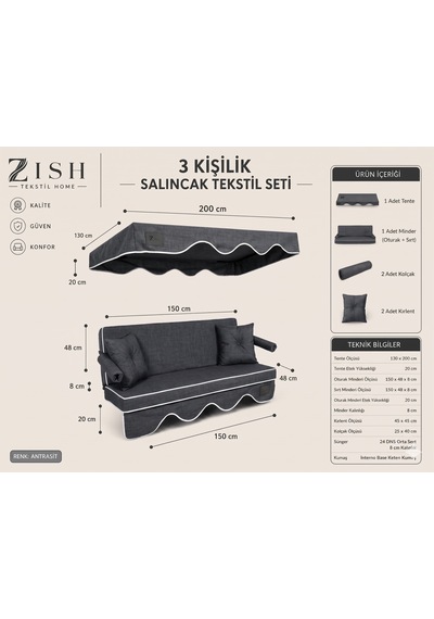 Altaleno 3 Kişilik 150 48 Cm Süngerli Bahçe Balkon Salıncak Minderi Yıkanabilir Kılıflı, Tenteli Keten Kumaş Tekstil Seti 24 Dns 8 Cm Orta Sert Sünger Gri
