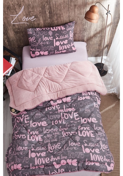 Love Pembe Desenli Tek Kişilik Çift Taraflı Wellsoft Yorgan Seti - Pembe - 155x215