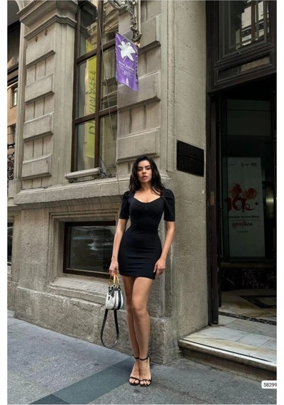 Alfa Aksesuar 03 Kare Kollu Mini Elbise Yaka Balon Siyah