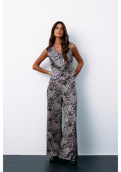 Sateen Leopar Desenli Saten Pantolon - Gri-135185 Gri