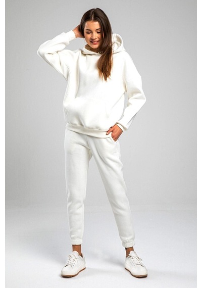 Düz Basic Eşofman Takımı Sweatshirt Jogger - Beyaz Oversize Şardonlu Kapüşonlu Beyaz