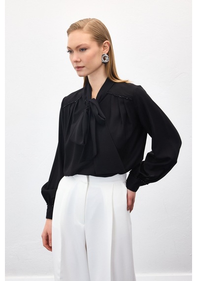 Sateen Aksesuar Detaylı Fularlı Bluz - Siyah-137039 Siyah