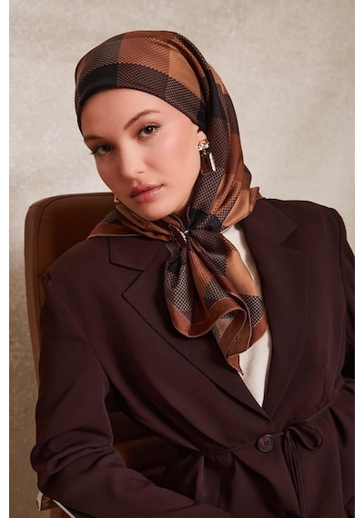 Levidor Noktalı Kareli Bask. Twill İpek Eşarp-0934 Vizon