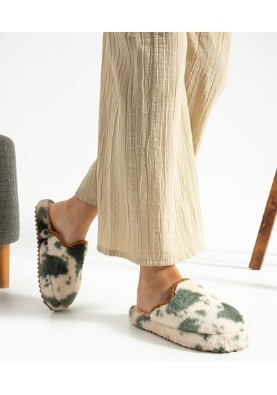 Moda Devrin Haki Alacalı Yünlü Kışlık Terlik Kahverengi