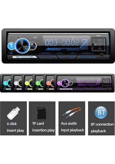 Exvol Araba Oto Teyp 7 Renk Çift Usb Sd Aux Bletooth Çift Amfi