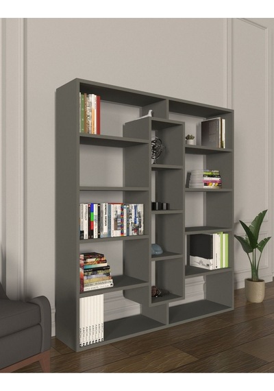 Kiola 14 Bölmeli Dekoratif Açık Tasarım Kitaplık Modern Kitaplık Antrasit