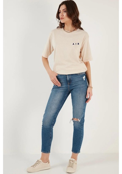 Süperlife Kadın Bisiklet Yaka Regular Fit Baskılı Tişort Spr21yk23 Taş