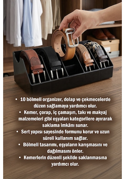 10 Bölmeli Kemer Organizer, Çorap, Kravat, Takı, Makyaj, Çekmece, Dolap İçi Depolama Siyah