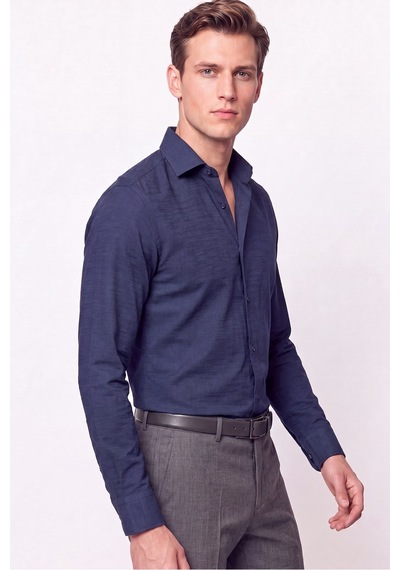 Slim Fit İtalyan Yaka Lacivert Gömlek G 1610