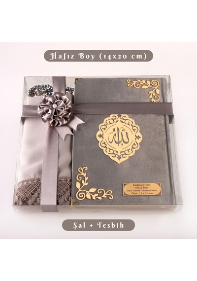 Şal + Tesbih + Kuran Hediye Seti Hafız Boy, Kadife, Şems Lafzatullah, Gri