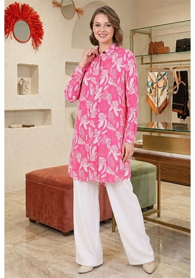 Polologin Butik Fuşya Beyaz Modern Kesim Palmiye Desenli Viskon Tunik Pembe