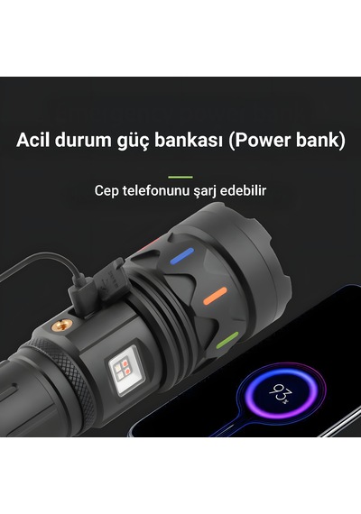 İdragon Af002 Ultra Güçlü Led El Feneri - P360 Lazer Odaklama & Acil Durum Powerbank Fonksiyonlu Fener Siyah