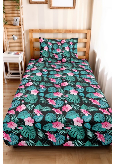 Tropikal Çiçekli Siyah Tek Kişilik Pike Takımı-botanik Yapraklı Pembe Turkuaz 160x220cm Yatak Örtüsü Bulanık Ot Nefesi