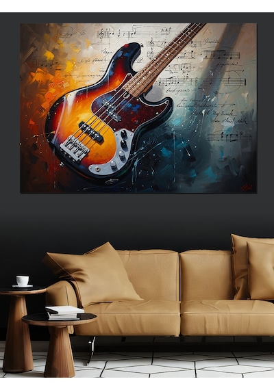 Ahşap Tablo Elektro Gitar Ve Renkli Boya Patlaması İnsan Figürlü Tablolar