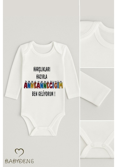 Babyden's Harçlıkları Hazırla Anneanneciğim Ben Geliyorum Yazılı,uzun Kollu Bebek Body %100 Pamuk Çıtçıtlı Zıbın Beyaz
