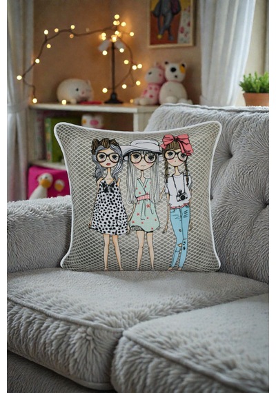 Kırlent Kılıfı İnsan Figürlü Desen 45x45 Raşel Örme Kadife Çift Taraflı Dijital Baskı Beyaz Biyeli Çok Renkli