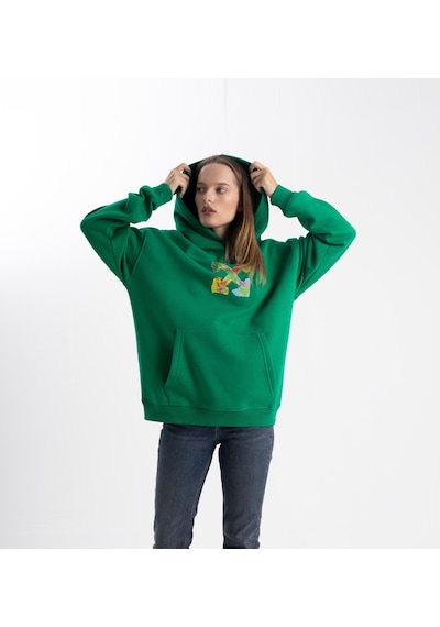 Unisex Ok Baskılı Kapşonlu Sweatshirt Yeşil