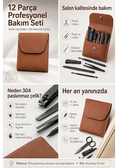 Tr 12 Parça Paslanmaz Çelik Manikür Pedikür Seti, Tırnak Makası, Törpü, Cımbız, Kütikül Aleti, Siyah Mat, 11