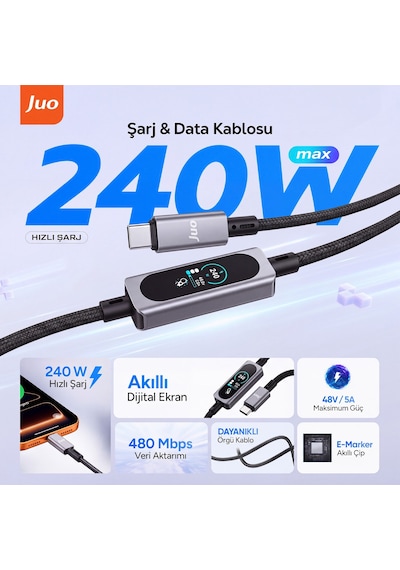 Juo 240w Type-c To Type-c Dijital Tft Ekranlı E-mark Çipli Örgülü Hızlı Şarj Kablosu 1.2 Metre