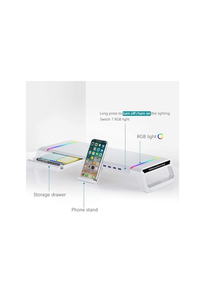 Laptop Sehpası Rgb Işıklı Mönitör Standı Ekran Altlığı 4 Usb Hub Telefon Tutuculu Beyaz