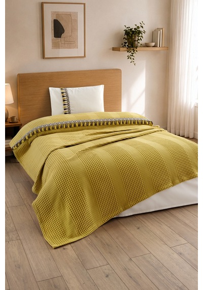 3 Parça Tek Kişilik Püskül Dantelli Pike Takımı - Havuzlu Pike Seti - 160x220 Cm - Hardal
