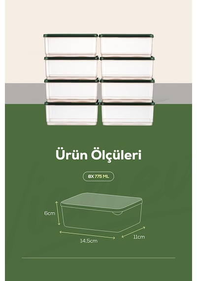 Vienev Buzdolabı Düzenleyici Organizer Mikrodalgaya Uygun Difriz Saklama Kabı Yeşil 8'Li Yeşil