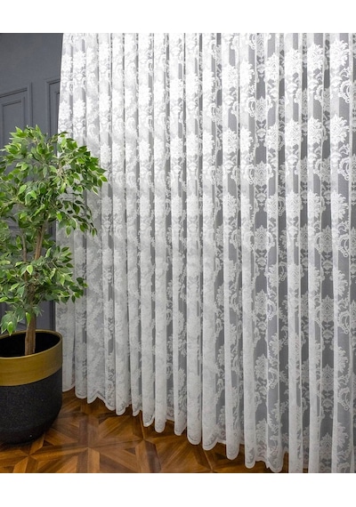 Caserta Damask Dantel Çiçek Desen Beyaz Düz Örme Tül Perde 1.sınıf Kalite Beyaz - Ekru