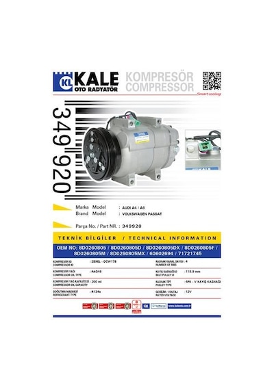 KALE 349920 KLİMA KOMPRESÖRÜ A4 1.8-1.8T-1.9TDI (94-01) A6 1.8-1.