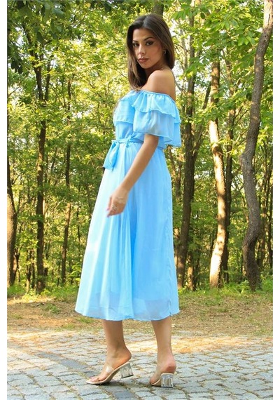 Neşeli Butik Kadın Bebe Mavisi Kuşaklı Madonna Yaka Baby Shower Elbise Nb8060 Bebe Mavisi