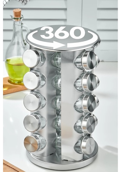 Makri Home 360 Dönebilen Paslanmaz Stantlı Cam Baharat Seti-20 Li Baharatlık-20'li Krom Diğer