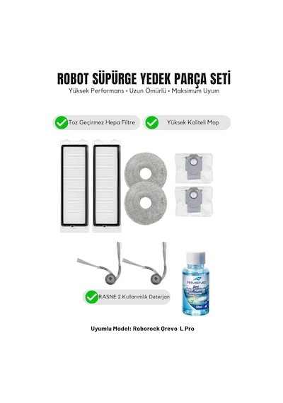 Roborock Qrevo L Pro İle Uyumlu 2 Yan Fırça 2 Filtre 2 Mop 1 Deterjan 2 Toz Torbası 5.0