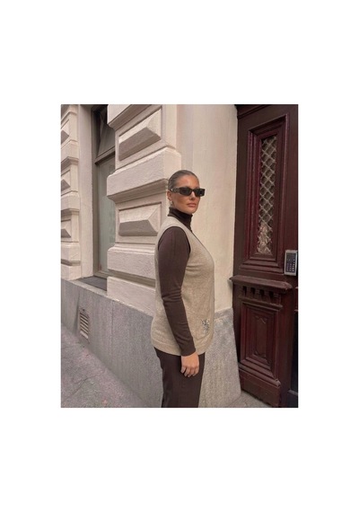 Onno Style Women Cebi Taşlı Çelik Örgü Klasik Triko Yelek Krem