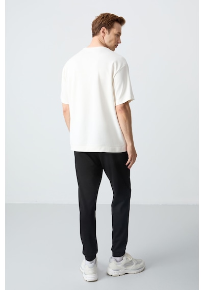 Tommy Life Ekru Siyah Pamuklu Kalın Yumuşak Dokulu Oversize Fit Basic Erkek Eşofman Takım - 85261 Ekru - Siyah